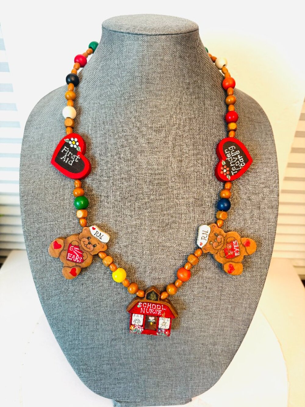 Wooden 13" Bead Statement Necklace School Nurse Theme Hand Painted Teddy Bear Ac